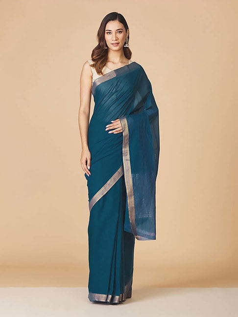 Fabindia Teal Blue Cotton Woven Saree Without Blouse Price in India