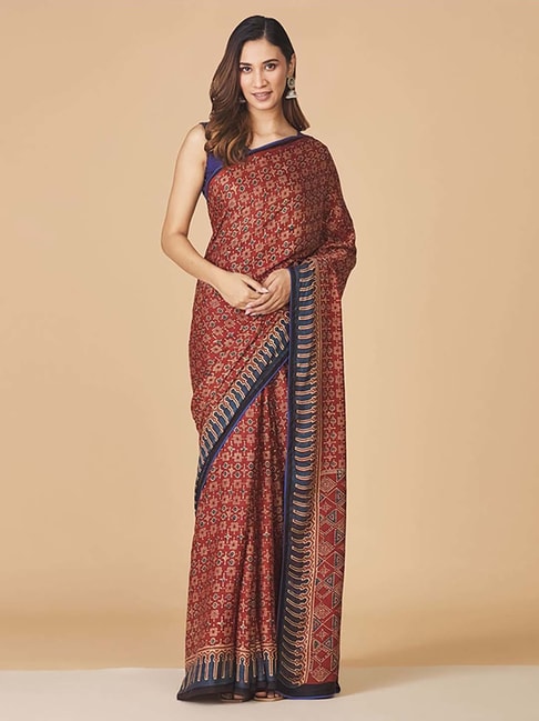 Fabindia Maroon Printed Saree Without Blouse Price in India