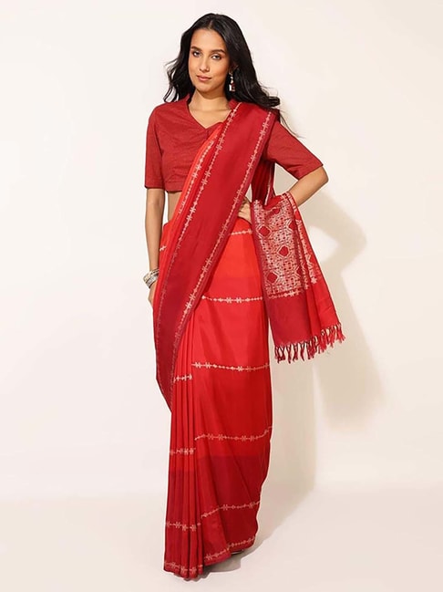 Fabindia Red Silk Woven Saree Without Blouse Price in India