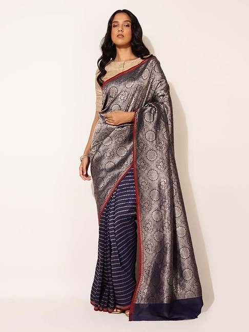 Fabindia Navy Silk Woven Saree Without Blouse Price in India
