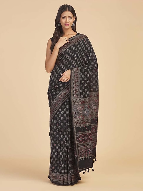 Fabindia Black Printed Saree Without Blouse Price in India