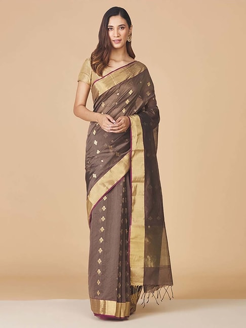 Fabindia Brown Woven Saree Without Blouse Price in India