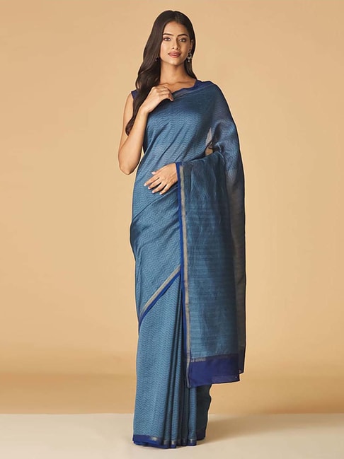 Fabindia Blue Printed Saree Without Blouse Price in India