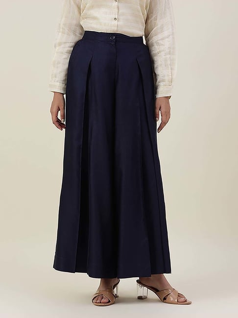 Fabindia Navy Blue Viscose Silk Solid Regular Fit Palazzo-picture-22