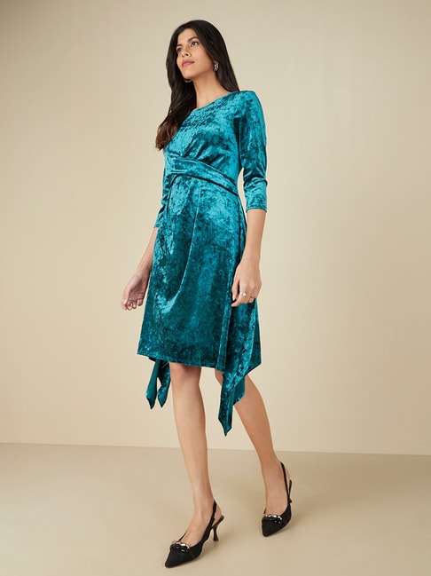 LOV by Westside Teal Velveteen Asymmetrical Dress Price in India