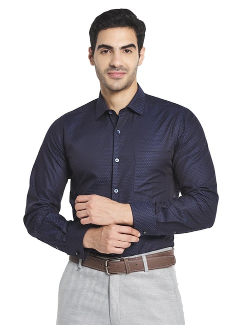 Monte Carlo Navy Cotton Regular Fit Texture Shirt