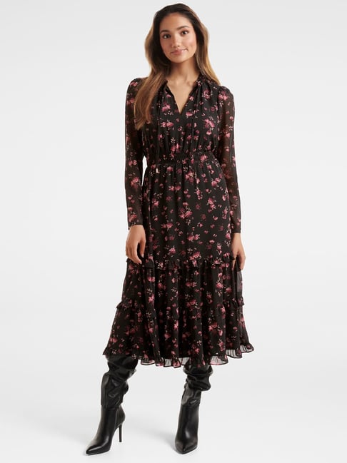 Forever New Black Floral Print Tiered Midi Dress