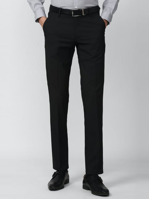 Peter England Black Slim Fit Checks Trousers