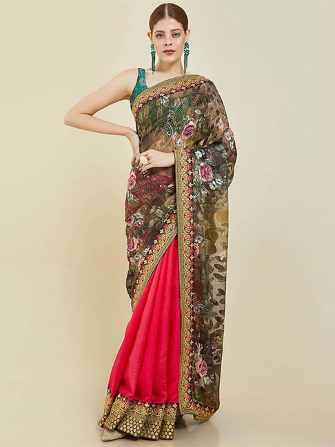 Soch Black & Red Floral Print Saree With Unstitched Blouse Price in India