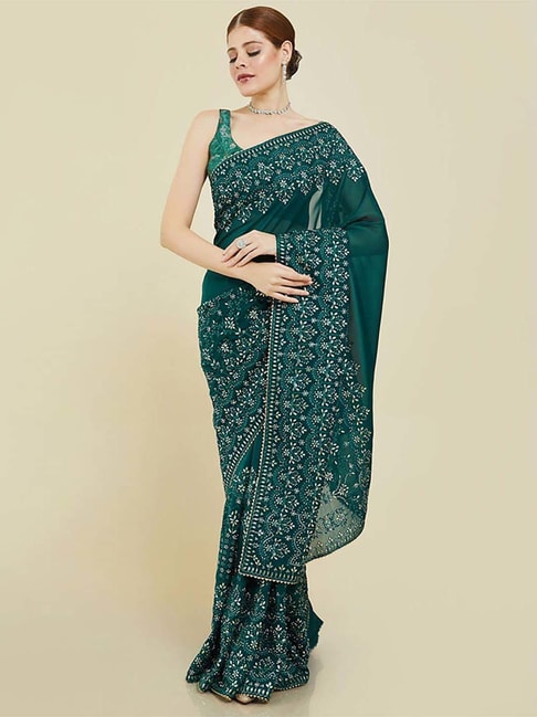 Soch Teal Green Embellished Saree With Unstitched Blouse Price in India