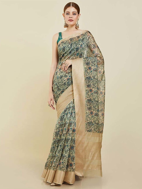 Soch Beige Floral Saree With Unstitched Blouse Price in India