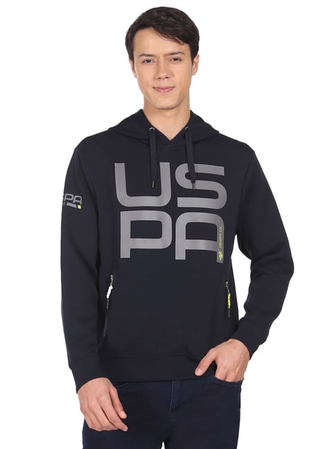 U S Polo Assn U.S. Polo Assn. Navy Blue Cotton Regular Fit Printed Hooded Sweatshirt