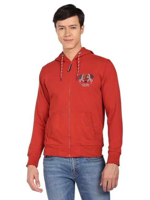 Buy U.S. Polo Assn. Red Cotton Regular Fit Printed Hooded