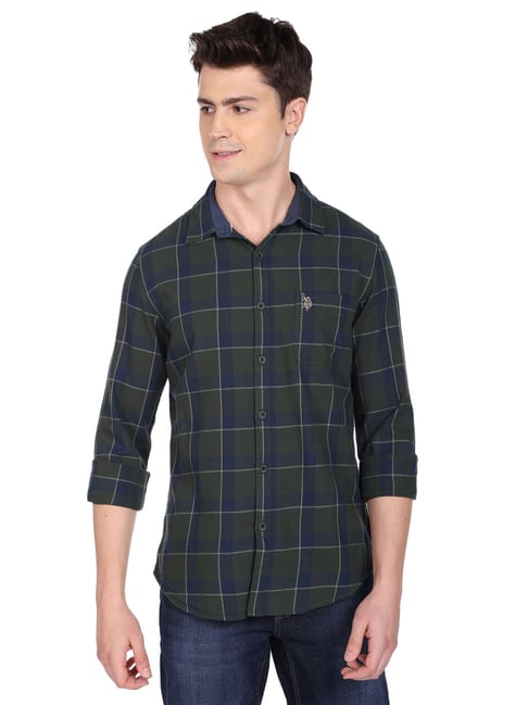 U S Polo Assn U.S. Polo Assn. Dark Olive Cotton Regular Fit Checks Shirt