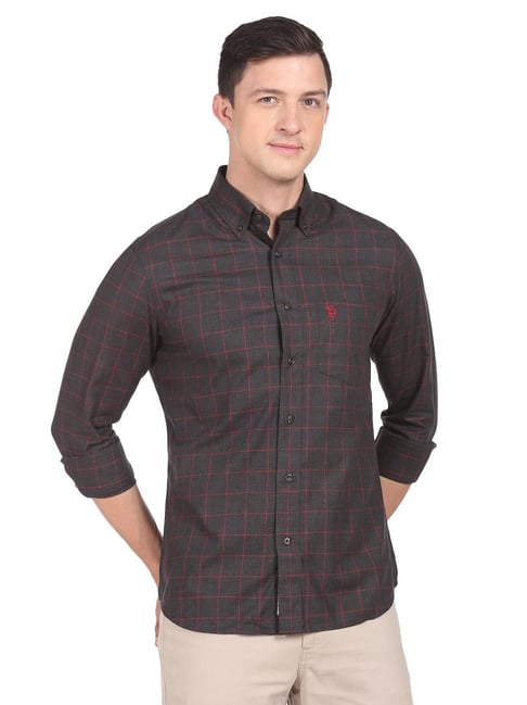 U S Polo Assn U.S. Polo Assn. Dark Grey Cotton Regular Fit Checks Shirt