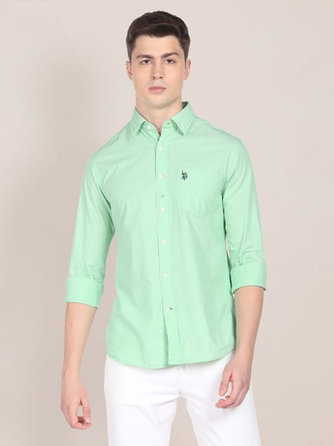 U S Polo Assn U.S. Polo Assn. Light Green Cotton Regular Fit Shirt