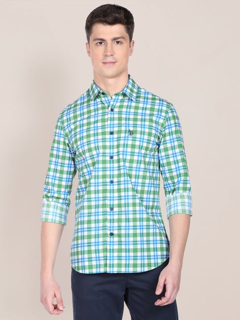 U S Polo Assn U.S. Polo Assn. Green Cotton Regular Fit Checks Shirt