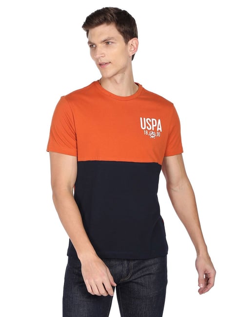 U S Polo Assn U.S. Polo Assn. Orange Cotton Regular Fit Colour Block T-Shirt