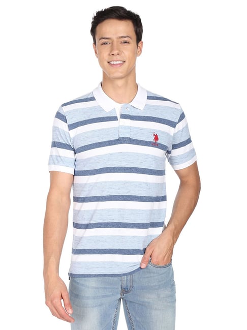 U S Polo Assn U.S. Polo Assn. Blue Cotton Regular Fit Striped Polo T-Shirt