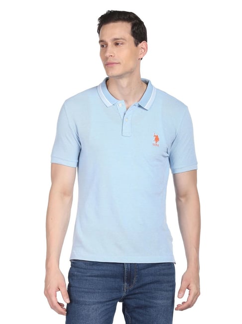 U S Polo Assn U.S. Polo Assn. Light Blue Cotton Regular Fit Self Pattern Polo T-Shirt