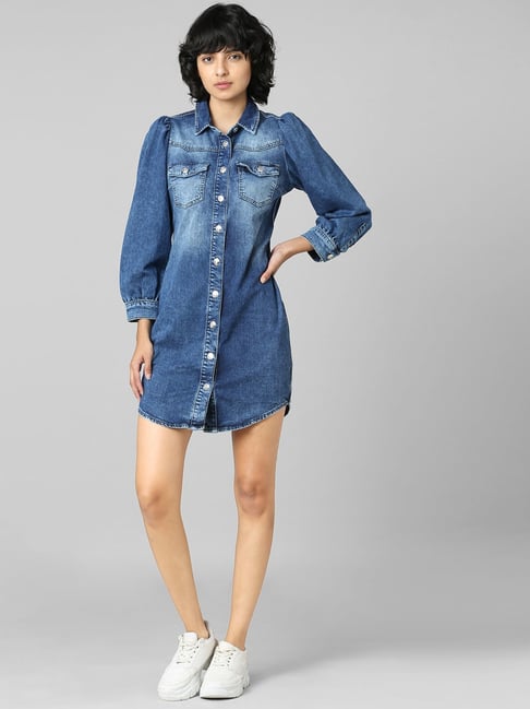 Only Blue Cotton Mini Shirt Dress Price in India