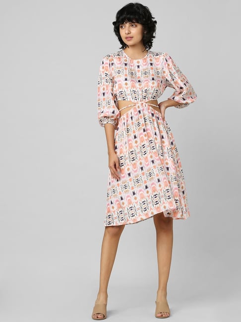 Only Pink Printed Fit & Flare Dress Price in India