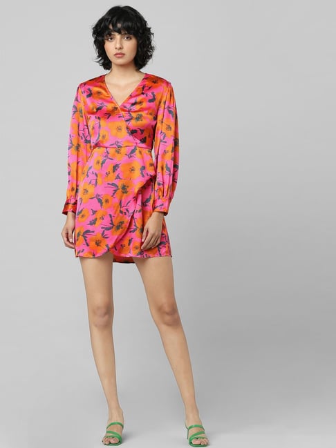 Buy Only Pink & Orange Floral Print Wrap Dress for Women Online @ Tata CLiQ