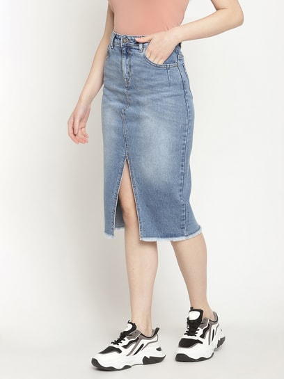 ONLY 209938301-Medium-Blue-Denim 40 Blue High Rise Raw Edge Denim Skirt in  Shimoga at best price by Udaya Textiles - Justdial