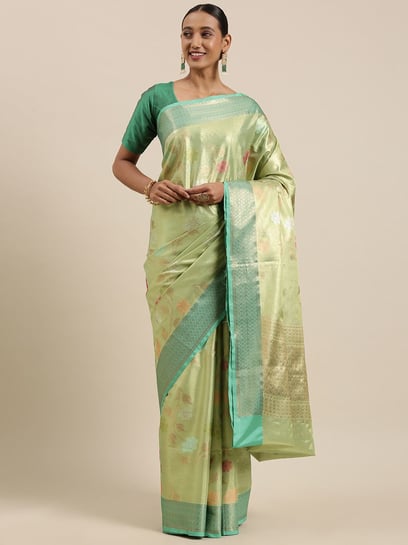 Floral Green Banarasi Tussar Handloom Weaving Silk Saree for Weddings | TST  | The Silk Trend