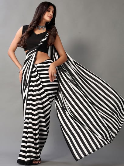 Black Georgette white striped saree with blouse