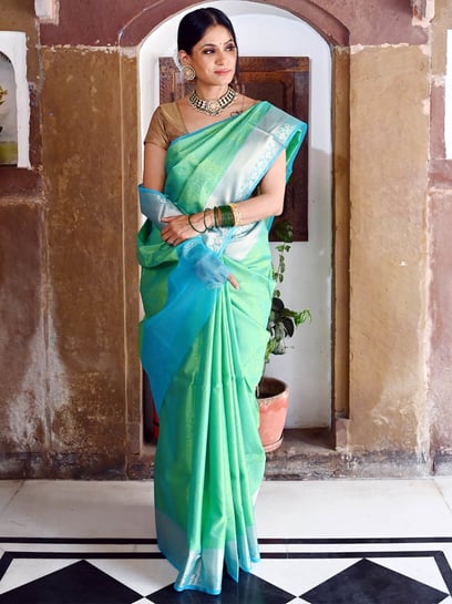 Dark Rama Green & Navy Blue Coloured Premium Softy Kubera Pattu with R –  Royskart