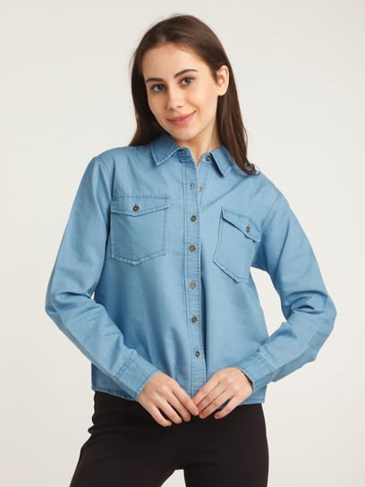 Buy SELFYS Women Cotton Denim Shirt with Pockets, Full Sleeves with V Neck  Collar Shirts for Girls, Stylish Casual Jacket for Girl/Ladies, Winter Wear  Western Jackets, Comfortable for Everyday Use (S) at