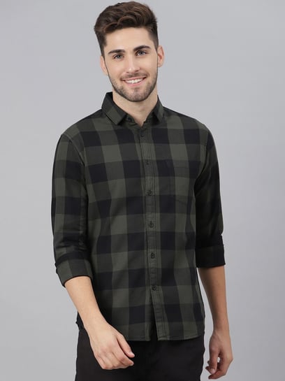 Buy Dennis Lingo Olive & Black Cotton Slim Fit Checks Shirt for