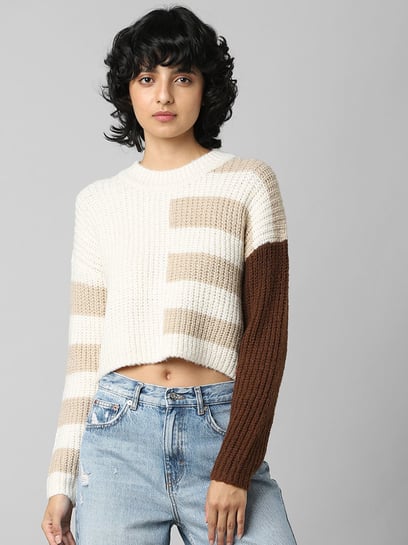 Buy Only Beige Color Block Knit Pullover for Women Online Tata CLiQ