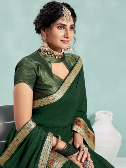 Dark Green Color TrendOye Saree With Designer Blouse Piece