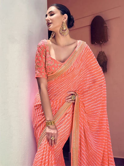 Orgenza || Peach Color Pure Organza Silk And Border Gold Silver Embroidery  Work And All Over Print saree With Contrast Blouse – Orgenza Store