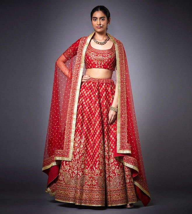Buy Red & Saffron Saflower Embroidered Lehenga With Dupatta by RI RITU KUMAR  at Ogaan Online Shopping Site
