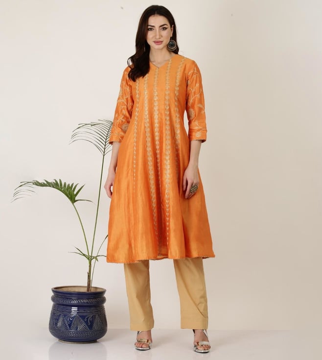 Black Floor Length Silk Kurti with Orange Bhandhej Dupatta – anokherang
