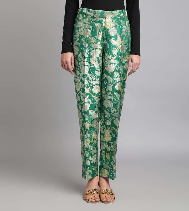 Buy Orchard Straight Fit Trouser Sage Silk Damask by Designer