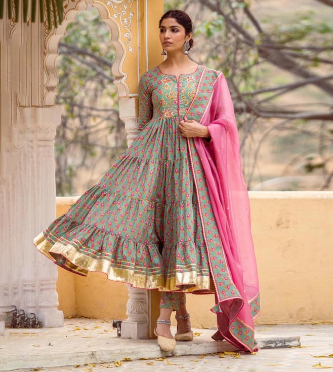 Buy Rivaaj Green \u0026 Pink Tier Anarkali 