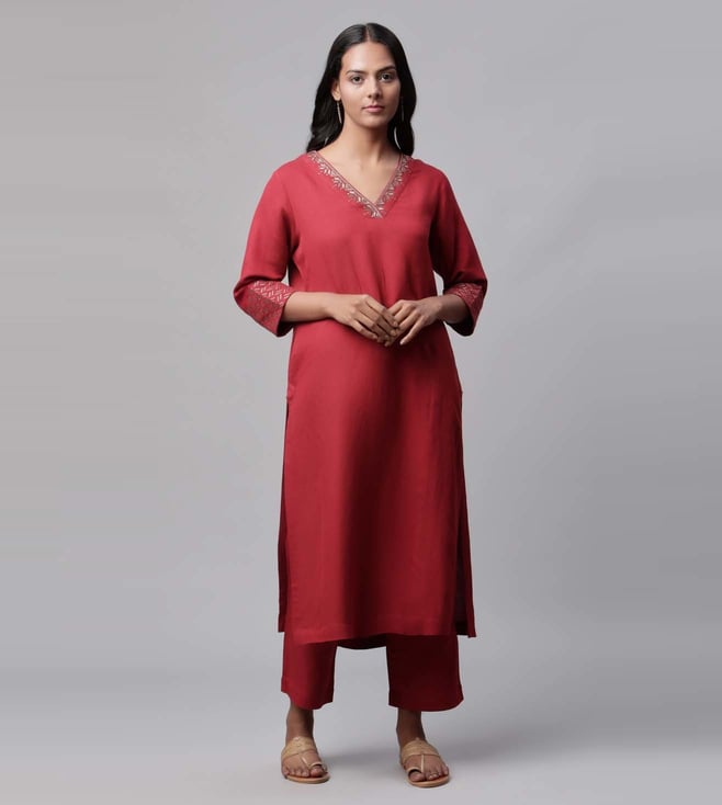 Buy Linen Club Maroon Sequin Kurta Set 