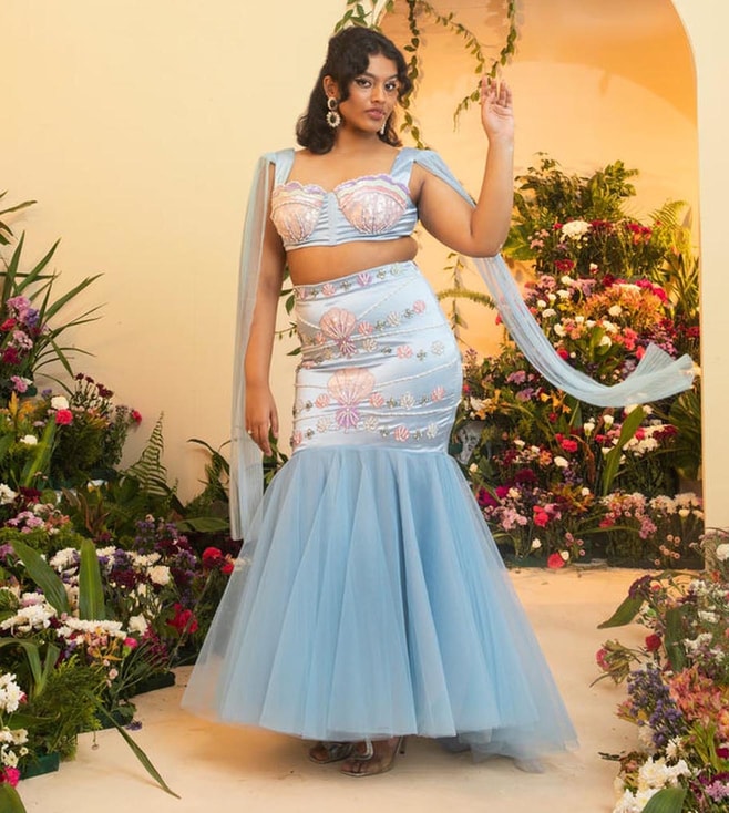 Buy Oyster Mermaid Lehenga With A Veil And A Crop Top In Stone  Motifs,Crafted In Organza With A Side Zip And Hooks Closure