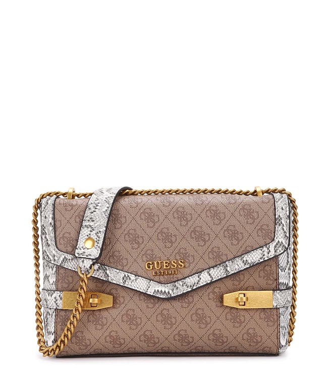 GUESS womens Zadie Logo Top Zip Shoulder Bag, Latte Logo Python