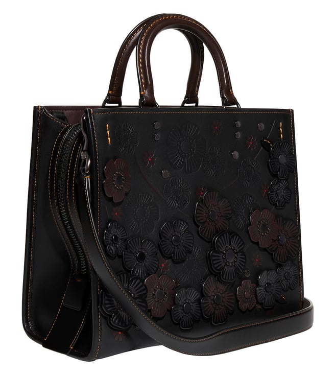 Buy Coach Black Rogue With Tea Rose Embellished Medium Satchel for Men ...