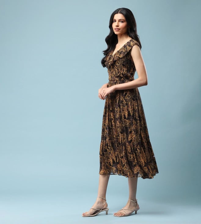 Buy Aarke Ritu Kumar Black Botanical Print Ruffle Dress For Women