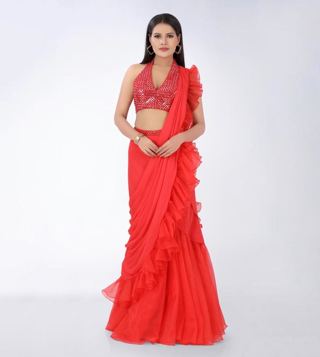 Red Chiffon Frilled Saree Set Design by GOPI VAID at Pernia's Pop Up Shop  2024