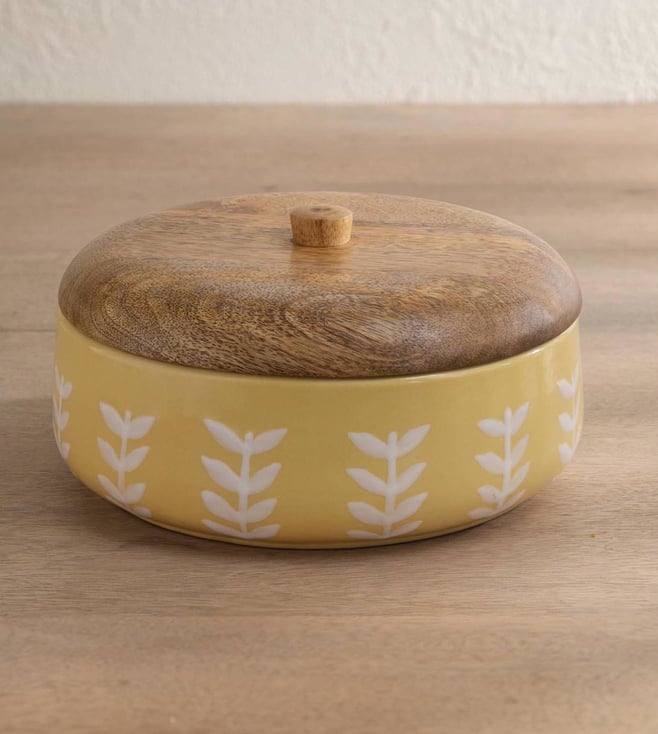 Buy Ellementry Gamboge Ceramic Roti Box With Wooden Lid Online Tata