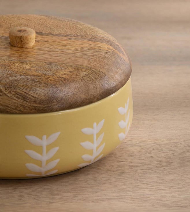 Buy Ellementry Gamboge Ceramic Roti Box With Wooden Lid Online Tata