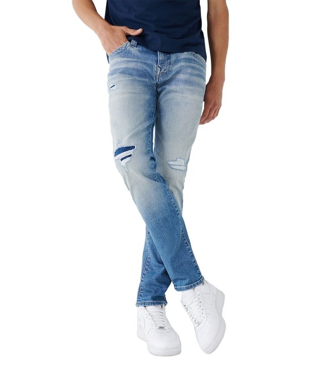 Light Blue Heavy Distressed Denim Jeans For Men gbdnm5013