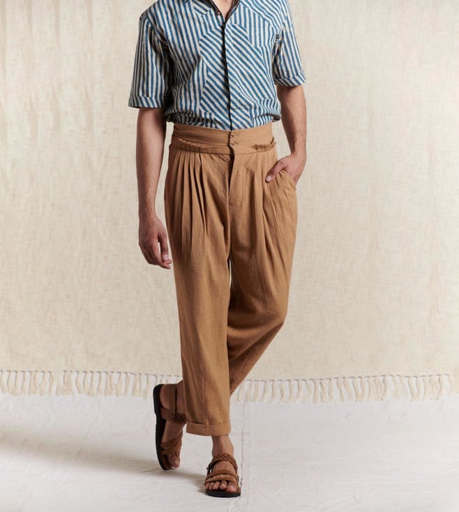 Brown PLAIN Dark Khaki Stretchable Trousers Size 3038 Cotton